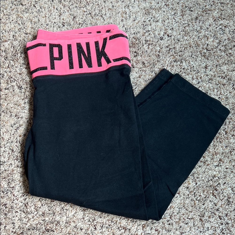 PINK Victoria's Secret Black Leggings with Pink Waistband